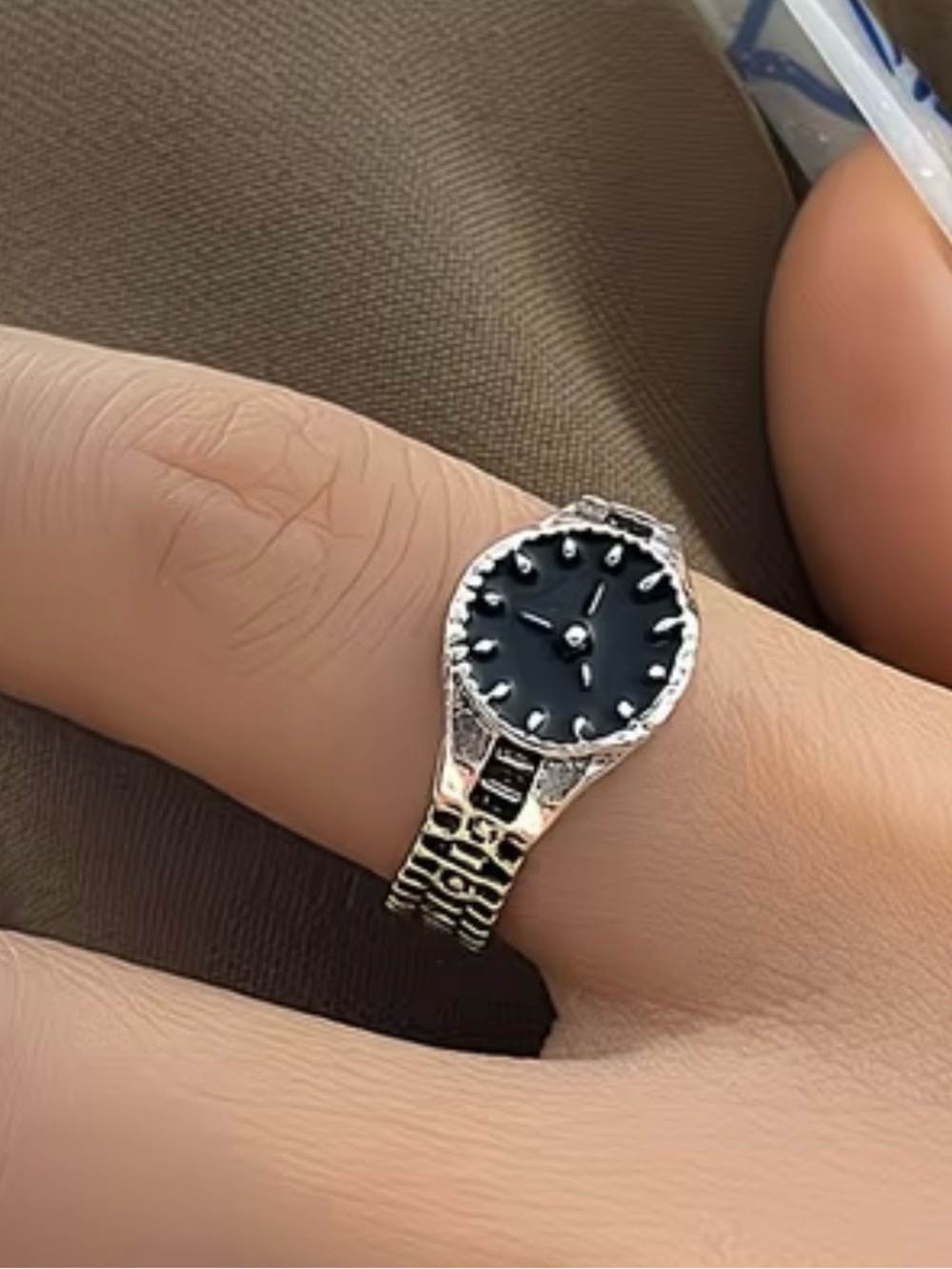 Sterling Silver Black Dial open adjustable size Ring Watch